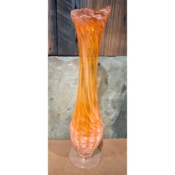VTG 1970s MCM 12" Orange & White Murano Style Glass Vase Blown Glass Flower Vase - Picture 1 of 7